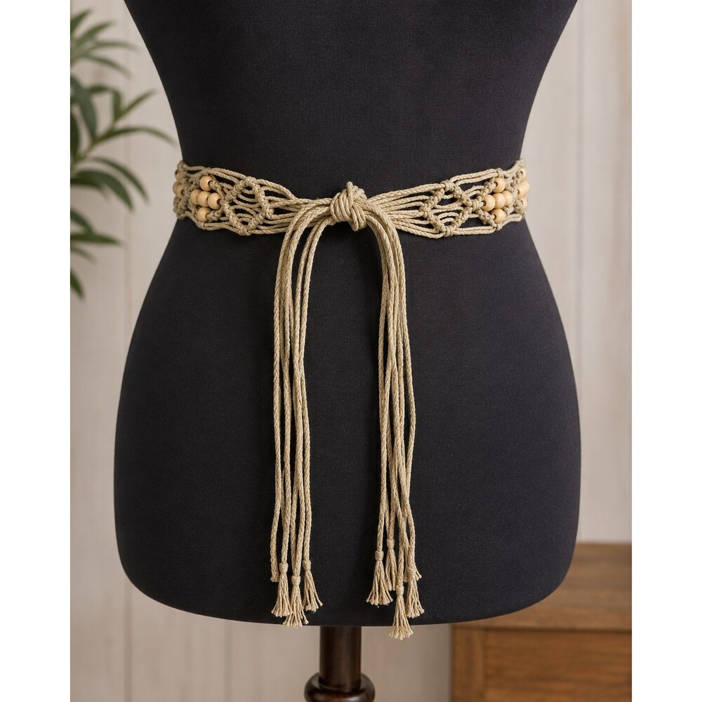 Vintage Belt Macrame Braid Woven Rope Belt Size S Fringe Boho Art